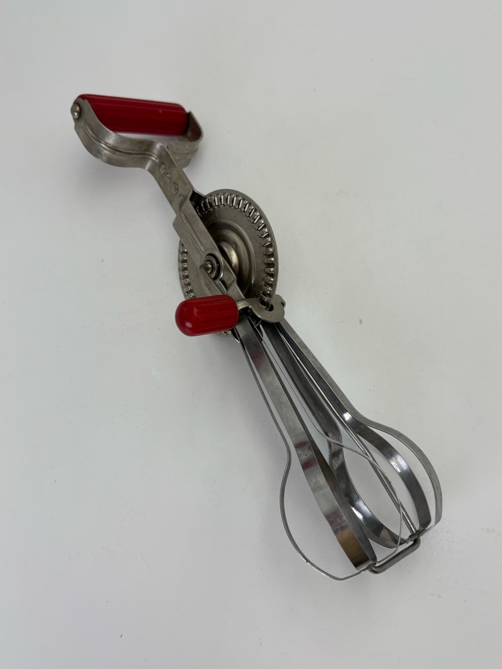 Vintage Androck Hand Crank Egg Beater Hand Mixer with Red Handles
